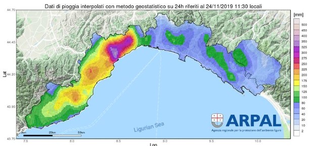 la mappa con la distribuzione delle precipitazioni nelle ultime 24 ore