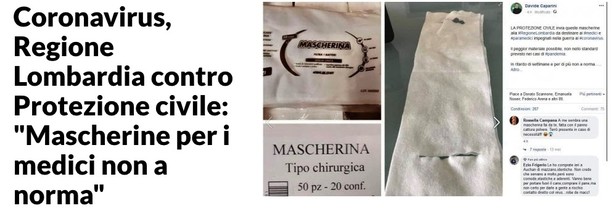 La vergogna di un Paese: Protezione &quot;civile&quot; manda in Lombardia (e non solo) una megapartita di mascherine. Fuori norma