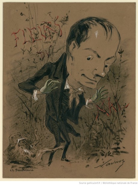 Nadar, caricatura di Baudelaire «en pied, marchant à c ô té d’une charogne» 1850 ca. © BNF Paris