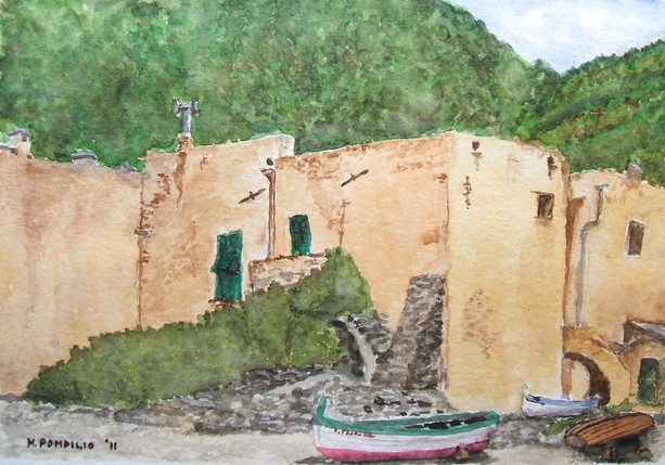 Immagine: Mauro Pompilio, Borgo ligure marinaro, 2011, acquerello e tecnica mista su carta, cm. 30 x 40
