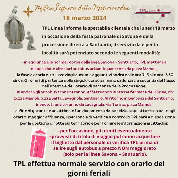 Festa patronale, potenziato il servizio bus per il Santuario