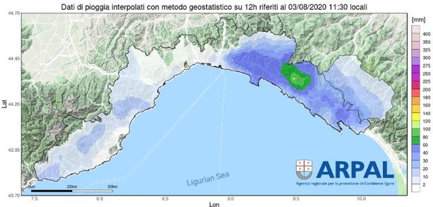 la mappa con la distribuzione delle precipitazioni nelle ultime 12 ore