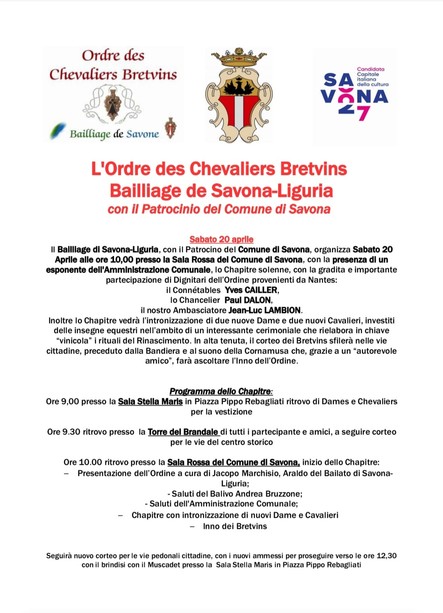 Chevaliers Bretvins: sabato a Savona il Bailliage