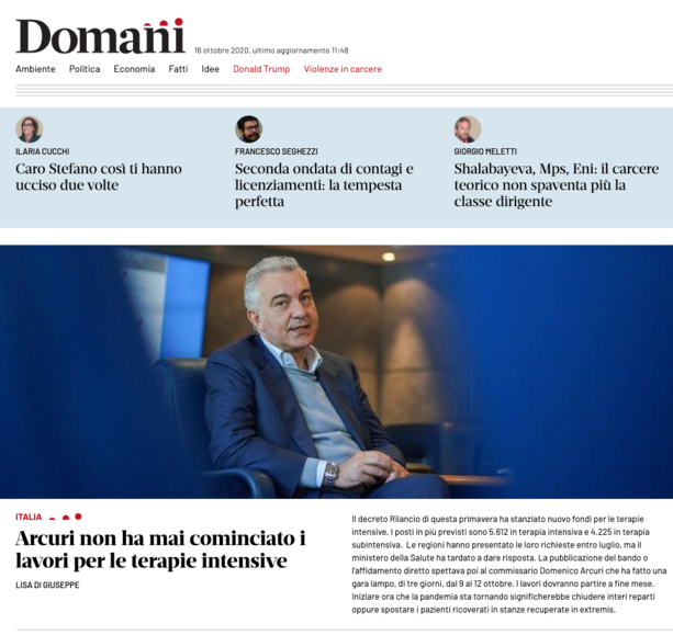 &quot;Domani&quot; shock: Arcuri non ha mai iniziato i lavori per le terapie intensive