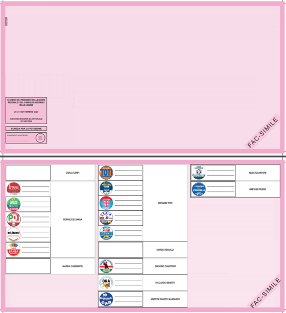 il fac simile della scheda per le regionali nella circoscrizione di Savona