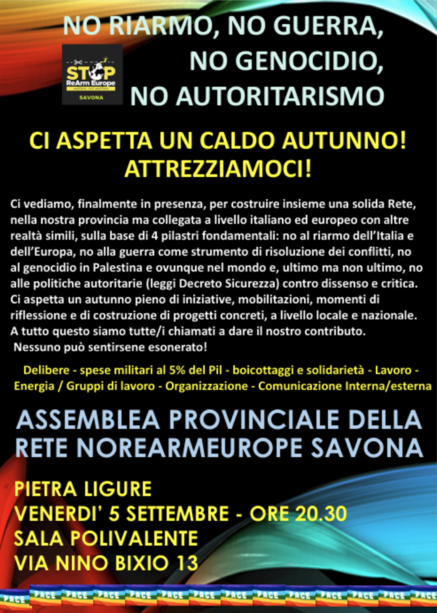 No al riarmo e alla guerra: il 5 settembre l'assemblea savonese