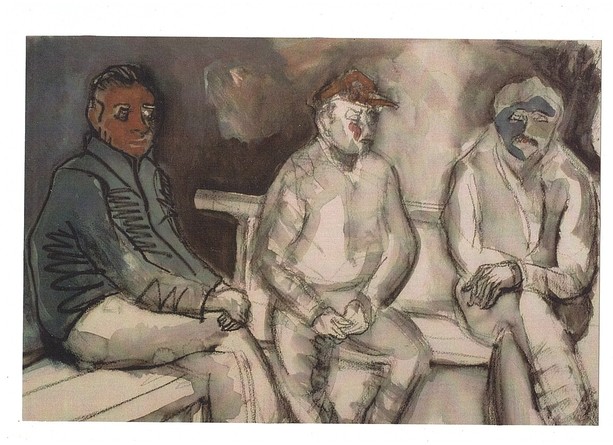 W. Morando, Portuali, attesa della chiamata. Disegno a carboncino e acquarello