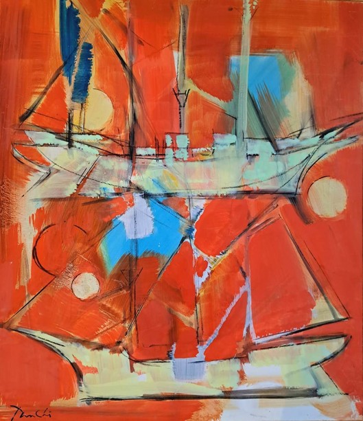 Tanchi Michelotti, Velieri a sfondo rosso, 2013, olio su tavola, cm. 70x60