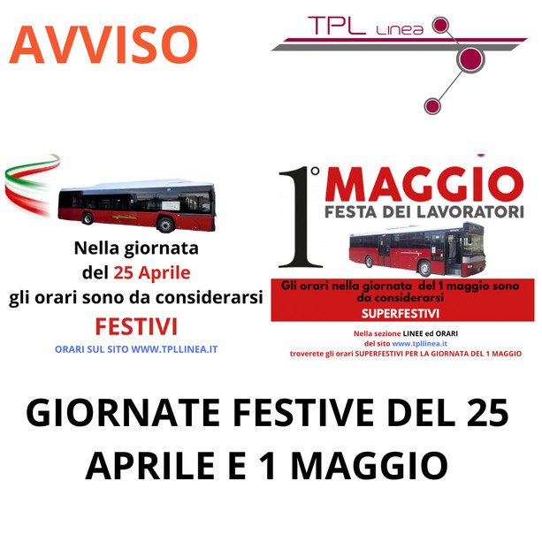 TPL Linea, gli orari di 25 aprile e 1 maggio