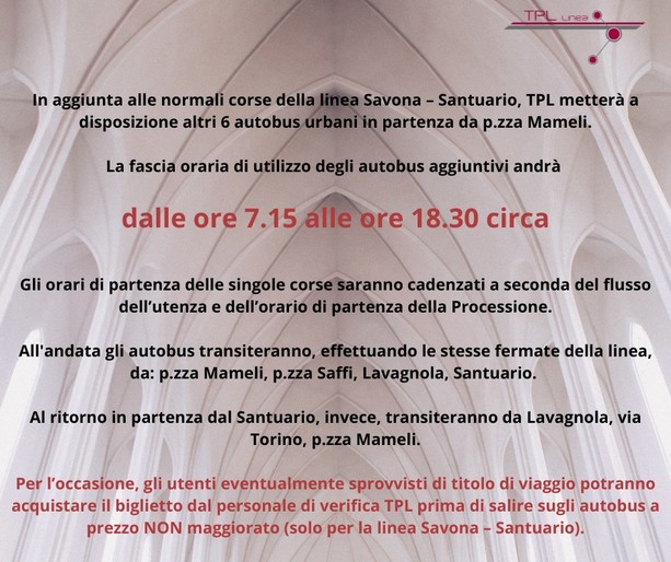 Festa patronale: sei bus in più per il Santuario