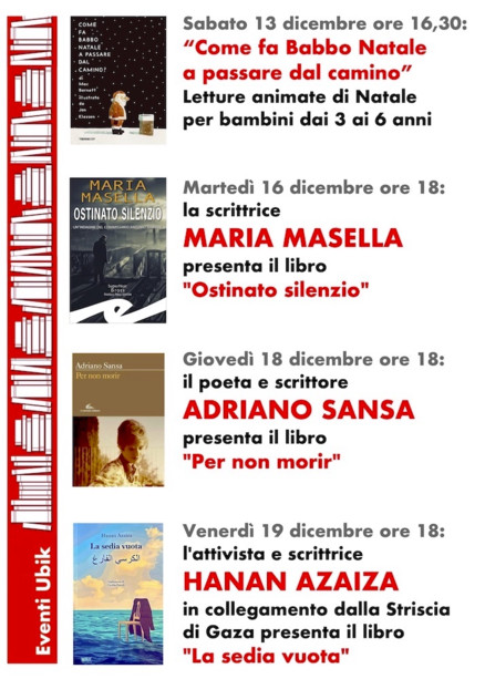 Ultimi incontri dell'anno alla Ubik: tra gli ospiti Hanan Azaiza e Adriano Sansa Ultimi incontri dell'anno alla Ubik: tra gli ospiti Hanan Azaiza e Adriano Sansa